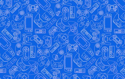 A blue background with different game controller artwork.