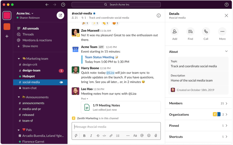 Slack's redesigned interface includes a new search field and sidebar organization