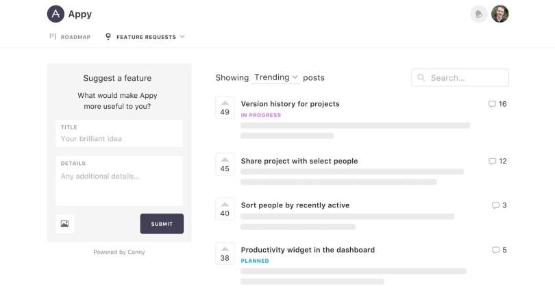 Canny captures user feedback and feature requests in a dashboard that can be sorted by frequency and use case.