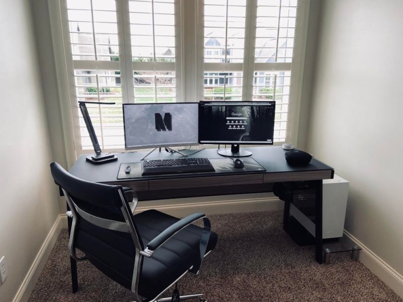 clean black and white desk setup