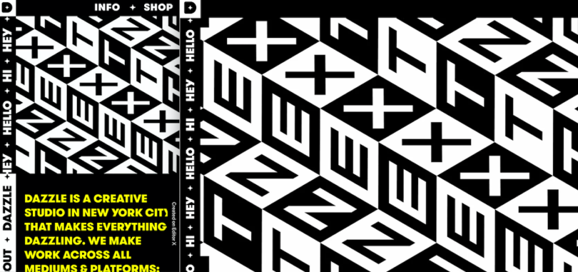Dazzle's full viewport setting places focus on the site's artistic imagery.