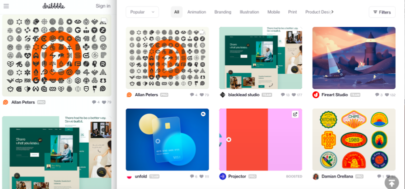 Mark-ups in CSS Grid allow Dribbble to fluidly adjust the number of image columns that appear in a window.