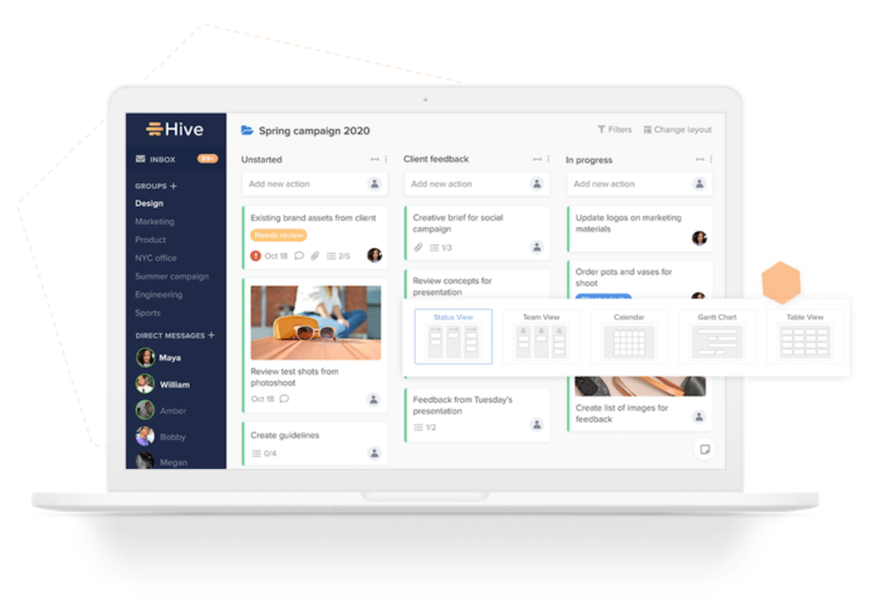 Hive allows a product manager to quickly toggle through Gantt chart, Kanban board, table, and calendar views.