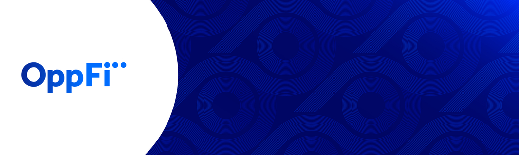 OppFi logo in blue on a white circle to the left with blue spherical design to the right