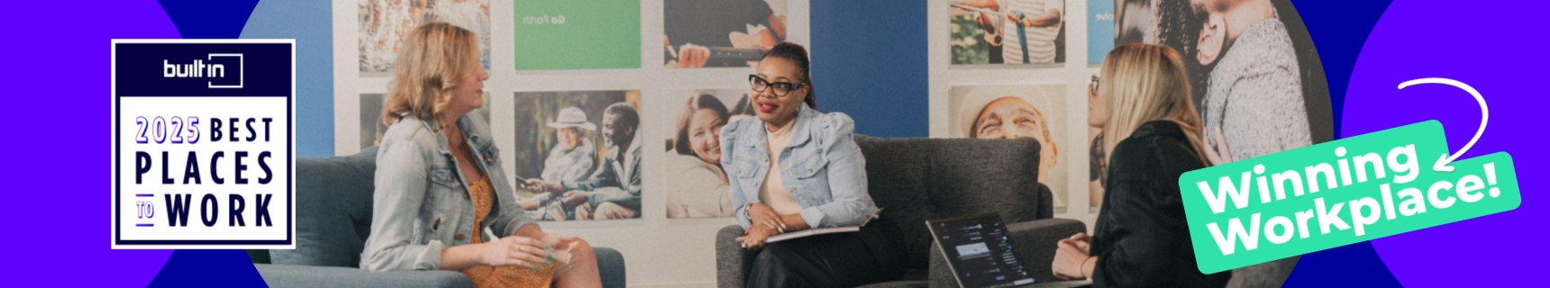 Three GoHealth employees collaborate in Chicago office set against blue and green background.