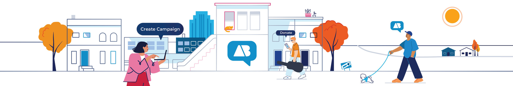 Three citizens go about their daily life: one is walking his dog, the second is texting while walking with a guitar case and the last a creating a campaign using the ActBlue Platform