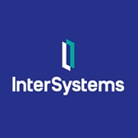 A dark blue background with the word InterSystems written in white. Above this word, the white and light blue company logo.