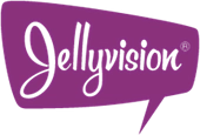 Purple speech bubble with "Jellyvision" in white cursive-like font