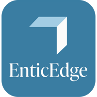 EnticEdge Logo - Teal box with rounded corners, arrow logo with "EnticEdge" written underneath