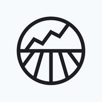Abstract black logo on an off-white background that depicts a field with a mountain background that could also be interpreted as an upward trend line.