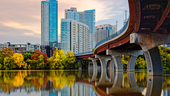A section of the Austin skyline, framed by a row of trees and a river in the lower half of the image. A highway bridge frames the right side of the image.