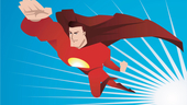 A superhero in red outfit and cape flying confidently at the screen.