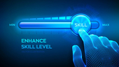 Wireframe hand is pulling up to the maximum position progress bar with the word Skill.