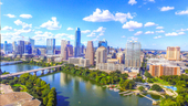 An aerial view of Austin, Texas and its river.