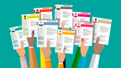 Illustration of hands holding up resumes