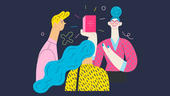 illustration of customers and a salesperson telling about and offering the product