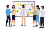 Illustration of a manager holding a meeting with his team