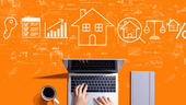 Icons related to the real estate and mortgage industries hover above a laptop.