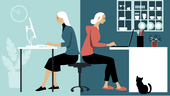 A woman working from in-office and remote settings.