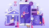 An illustration depicting the digital and brick-and-mortar ecosystem of a modern financial institution