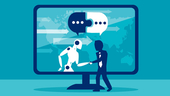 Illustration of a human businessman communicating with an AI robot