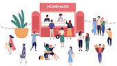Vector image of a stall with tasty homemade meals, adorable people buying and selling street food at open air market