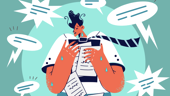 person with speech bubbles around them