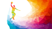 A cascading rainbow of geometric triangles for a wave of color and a basketball player jumping with an extended arm for a dunk