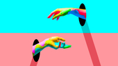 An image of two disembodied rainbow-colored hands reaching toward the center of the screen, looking like they are grasping for each other. One hand is emerging from a blue background, the other hand is emerging from a pink background.