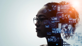 Woman's profile overlayed with communication icons