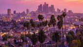The LA skyline during sunset.