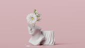 Bust sculpture with white flowers bouquet on a pastel pink background.