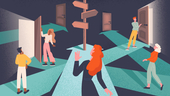 Five illustrated people following arrows leading to different doors