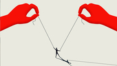 Illustration of a small business person with marionette strings controlled by big red hands.