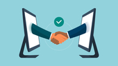 Graphic illustration of arms coming out of computer monitors to shake hands.