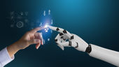 A human finger touches the finger of a robot against a backdrop of equations.