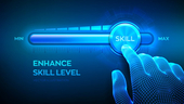 Wireframe hand is pulling up to the maximum position progress bar with the word Skill.