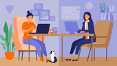 Split screen illustration on one side a woman is working from home and on the otherside a woman is working from an office