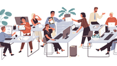 An illustration of many people at work in a busy open office