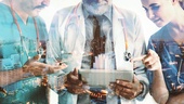 An artistic rendering of healthcare professionals poring over a tablet. An image of a cityscape is faintly overlaid. An artistic rendering of healthcare professionals poring over a tablet. An image of a cityscape is faintly overlaid.