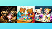 OpenAI tweeted three DALL-E 2-generated images depicting “Teddy bears mixing sparkling chemicals as mad scientists” in the style of steampunk (left), a 1990s Saturday morning cartoon (center) and digital art (right). | Photo: OpenAI / Twitter / Built In