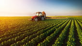 tractor moving across soybean field on a sunny day