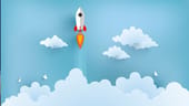 Illustration of rocket flying over clouds