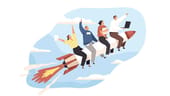 A graphic shows four employees on a rocket