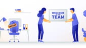 animated image of two people holding a "welcome to the team" sign in an office setting