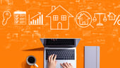 Icons related to the real estate and mortgage industries hover above a laptop.