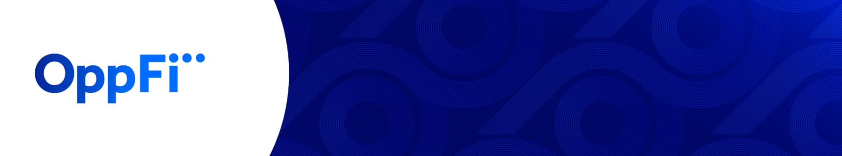 OppFi logo in blue on a white circle to the left with blue spherical design to the right