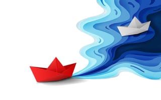 Red Paper  boat navigating ahead of two white paper boats, leaving a wake for them to follow leadership