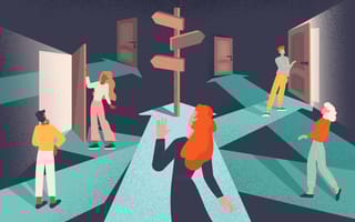 Five illustrated people following arrows leading to different doors