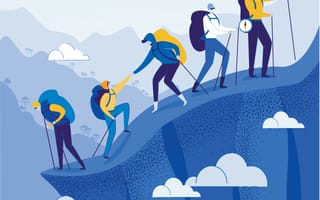 Illustrated image of five people climbing a mountain